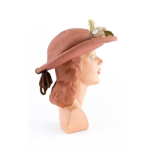 Vintage 1950s Sun Hat 50s White Floral Woven Brown Straw Wide Brim Picture Hat main image 10